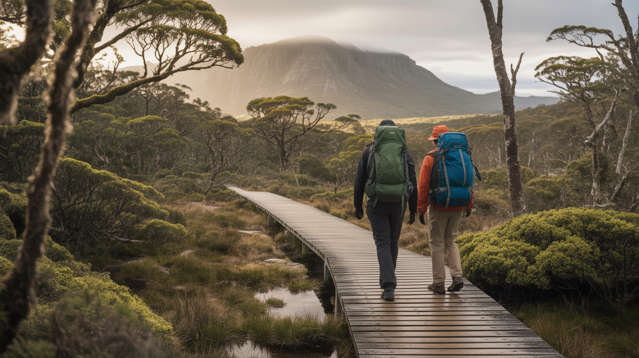 Tasmania wilderness with hiking equipment and gourmet produce